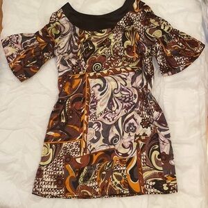 Vintage Y2K SINGLE Dress 100% Silk Satin Abstract Mixed Print Mini Dress size L